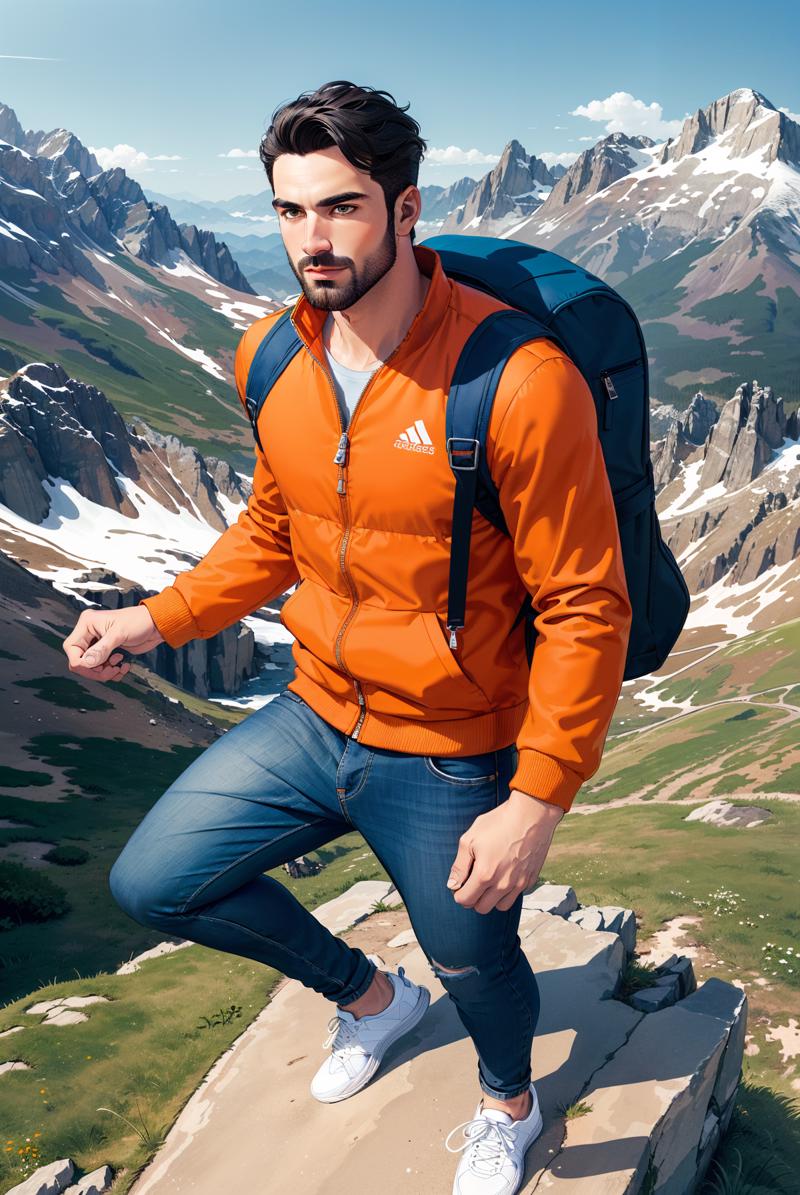 01833-1187748622-1 male is climbing moutain，solo,  stubble，  muscular,  ，orange jacket， blue jeans， blue sneakers， backpack， _spring outing， ， na.png